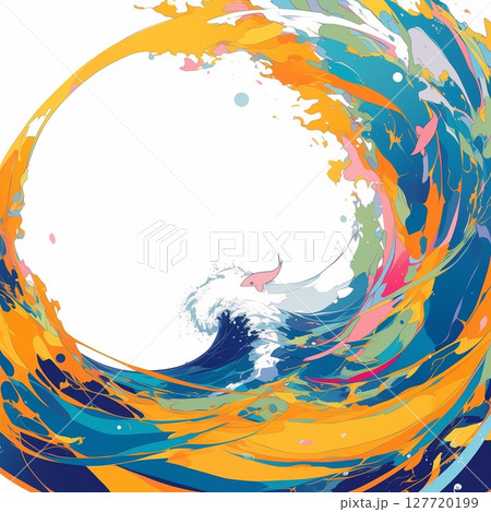 跳ねる魚とカラフルな大波が描くファンタジックな抽象アート 127720199