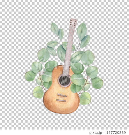 Six string guitar with eucalyptus bouquet romantic watercolor illustration isolated background. Hand painted musical instrument illustration for music festival posters, wedding invitations 127720289