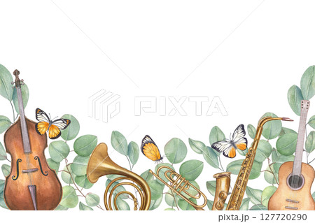 Horizontal watercolor isolated frame with musical instruments and eucalyptus branches. Saxophone, guitar, contrabass, French horn and greenery, butterflies illustration with copy space for text. 127720290