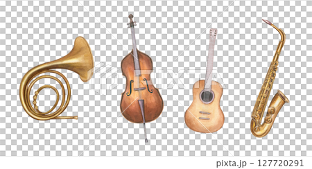 Musical set with contrabass, saxophone, guitar and French horn watercolor illustration isolated background. Hand painted music instruments for quartet. For jazz festival posters, concert flyer design. 127720291