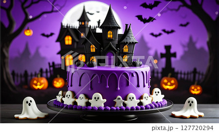 ハロウィンクッキーを飾った紫色のハロウィンケーキ 127720294