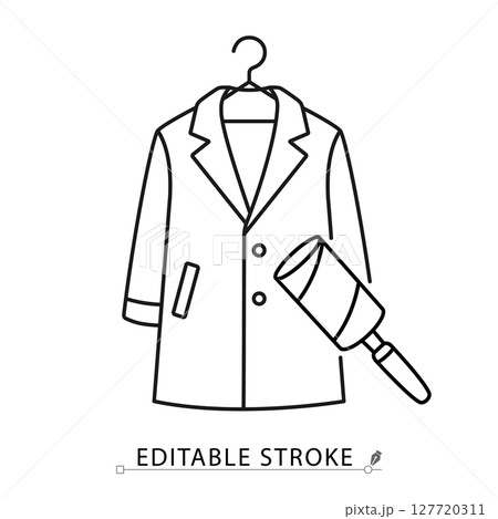 A coat on hanger with lint roller icon in minimalist style with editable stroke. Garment care, clothing cleaning, wardrobe object, household tool, fashion item, outline drawing 127720311