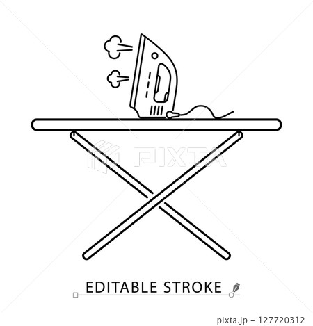 An ironing board with iron icon in minimalist style with editable stroke. Household equipment, steam ironing, laundry item, clothing care, home appliance, outline object, vector line illustration. 127720312