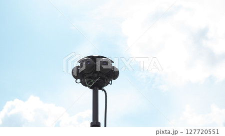 Surveillance technology monitors the area, offering crucial intelligence in military operations amidst conflict and uncertainty in a war scenario. Surveillance technology monitors the area, offering crucial intelligence in military operations amidst conflict and uncertainty in a war scenario. 127720551
