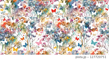 Seamless background of colored flowers with butterflies. hand drawn. Not AI, Vector illustration 127720751