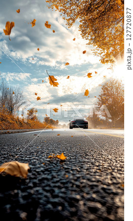 sleek car drives on sunlit road as yellow leaves fly through air, with tire tracks visible on asphalt and straight perspective 127720877