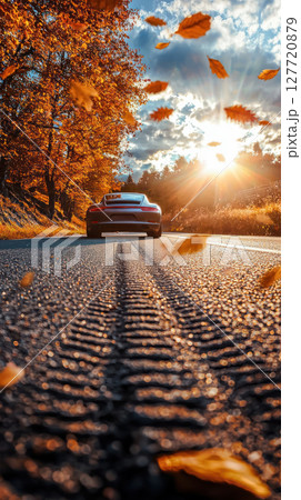 Tire tracks on sunlit road with yellow leaves flying, sleek sports car in distance, surrounded by vibrant trees and glowing sky 127720879