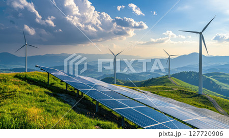 Solar panels and wind turbines on lush green hill under partly cloudy sky, showcasing renewable energy and sustainability 127720906