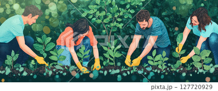 group of people joyfully planting evergreen saplings in lush green garden, symbolizing teamwork and environmental care 127720929