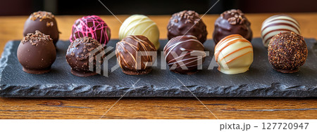 Artisanal chocolate truffles arranged on slate platter, showcasing variety of flavors and decorative designs, perfect for indulgent moments 127720947
