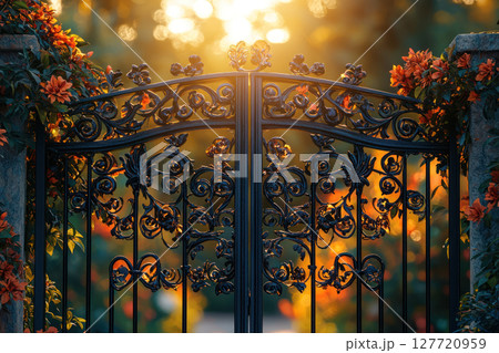 ornate wrought iron gate adorned with intricate floral patterns, surrounded by vibrant orange flowers, glows warmly golden ornate wrought iron gate adorned with intricate floral patterns, surrounded by vibrant orange flowers, glows warmly golden 127720959
