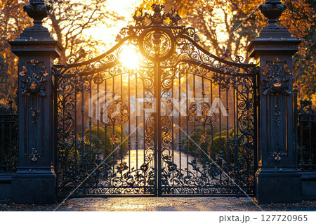 ornate wrought iron gate with intricate details glows warmly in golden sunlight, surrounded by lush trees and serene pathway 127720965