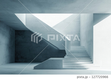 minimalist concrete staircase with sharp angles and natural light streaming through geometric openings, reflecting Bauhaus 127720966