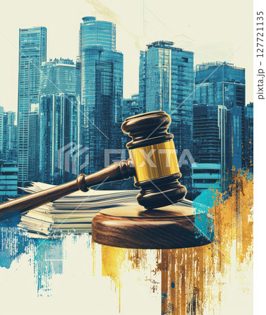 Legal gavel and documents with city skyline, representing real estate law 127721135