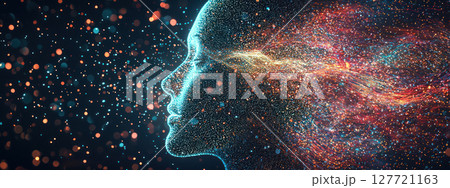 captivating digital representation of human profile, showcasing blend of vibrant particles and light trails, symbolizing 127721163