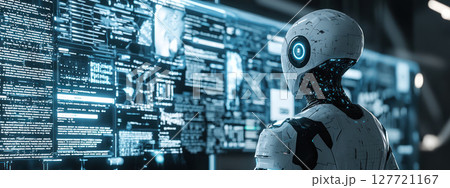 futuristic robot interacts with digital interface, showcasing advanced technology and data visualization. scene evokes futuristic robot interacts with digital interface, showcasing advanced technology and data visualization. scene evokes 127721167