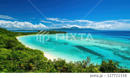 stunning tropical island view featuring turquoise waters, white sandy beaches, and lush greenery stunning tropical island view featuring turquoise waters, white sandy beaches, and lush greenery 127721338