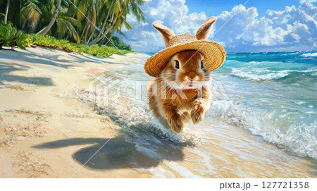 fashionable rabbit wearing straw hat hops along tropical beach, enjoying sunny day and vibrant scenery 127721358