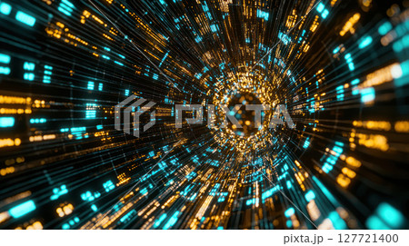 Glowing data particles create dynamic tunnel effect, representing AI intelligence and big data insights 127721400