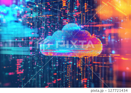 Colorful abstract cloud representation symbolizing data transfer and technology innovation, showcasing vibrant digital 127721434
