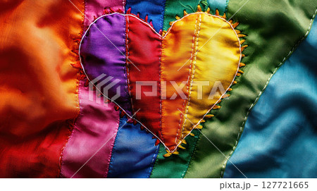 Pride flag heart sewn together symbolizes mending and healing in rights activism 127721665