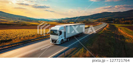 produce truck drives along highway through agricultural landscape on sunny day, showcasing beauty of nature 127721764