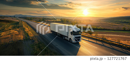 produce truck drives on highway during sunny day, surrounded by agricultural landscape. sunset creates warm atmosphere 127721767
