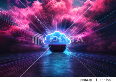 Futuristic cloud gateway with vibrant colors and dynamic light rays 127721901