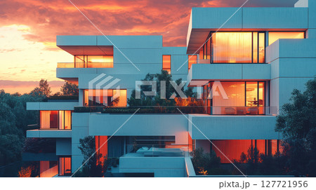 Modern condominium complex with striking architecture and sunset glow 127721956