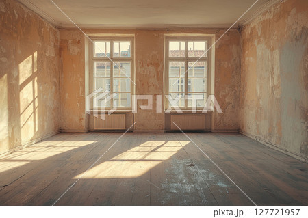 Empty room with natural light, ready for moving in, featuring two windows and wooden floor Empty room with natural light, ready for moving in, featuring two windows and wooden floor 127721957