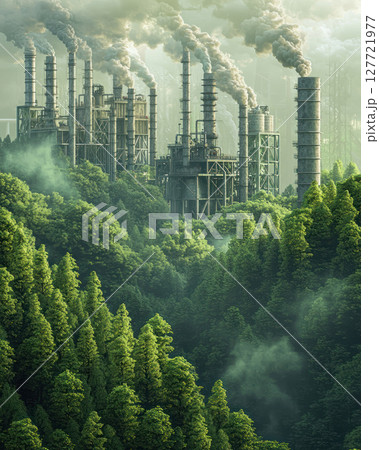 Factory with trees growing, showcasing carbon offsetting and clean energy strategy. visual representation of ESG compliance 127721977