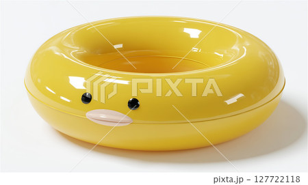 黄色いアヒルの顔が描かれた可愛い浮き輪が白背景に置かれている 黄色いアヒルの顔が描かれた可愛い浮き輪が白背景に置かれている 127722118