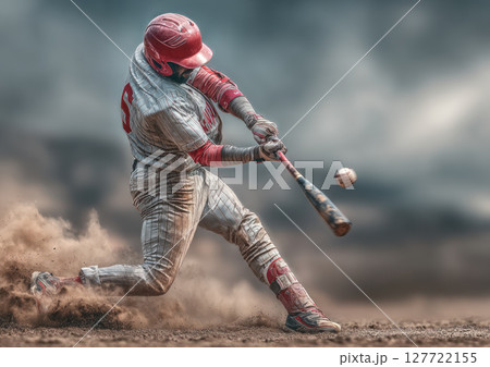 Baseball player swinging bat with dirt flying and ball approaching in intense game action Baseball player swinging bat with dirt flying and ball approaching in intense game action 127722155
