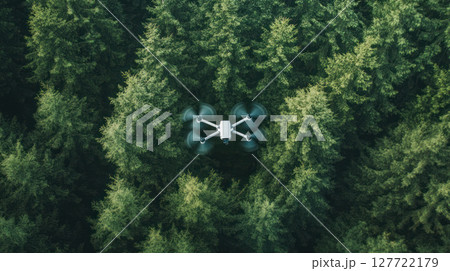 drone flying over dense forest, showcasing its role in environmental care 127722179