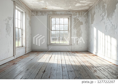 Empty room with peeling walls and wooden floor, ready for moving in. Natural light streams through windows, creating serene 127722207