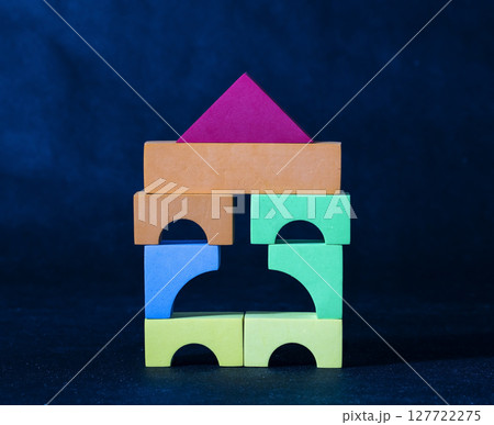 structure is built from children's blocks, toy, children's game 127722275