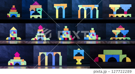 structure is built from children's blocks, toy, children's game structure is built from children's blocks, toy, children's game 127722289