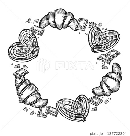 A wreath of sweet buns, croissants, chocolate. All objects are hand-drawn in vector. The illustration is suitable for printing on food packaging, menu design, and bakery interiors. 127722294