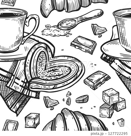 Seamless pattern on the theme of tea drinking, a cup of tea or coffee, a napkin, lump sugar, chocolate slices, sweet buns, croissants. The illustration is suitable for printing on packaging, fabric. Seamless pattern on the theme of tea drinking, a cup of tea or coffee, a napkin, lump sugar, chocolate slices, sweet buns, croissants. The illustration is suitable for printing on packaging, fabric. 127722295