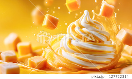 Frozen mango yogurt swirls topped with vibrant mango cubes, splashes of juice creating a refreshing dessert experience with bright colors and textures 127722314