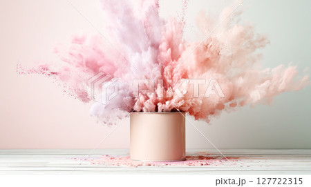 Colorful powder explosion from a round container creating a vibrant artistic display, showcasing dynamic movement and creative energy in a modern setting 127722315