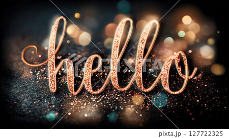 Sparkling golden word hello illuminated by soft bokeh lights on a dark background, creating a warm and inviting atmosphere for greetings 127722325