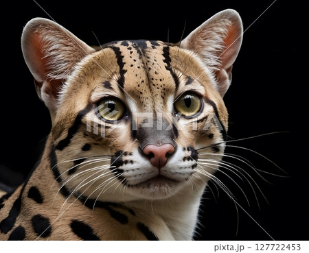Ocelot Close-Up on Black Background. Perfect for wildlife, zoological, educational, and conservation-related visual content. 127722453