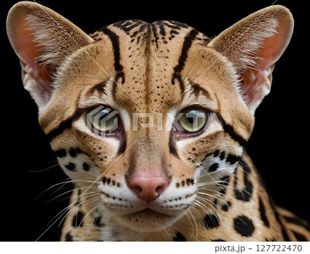 Ocelot Close-Up on Black Background. Perfect for wildlife, zoological, educational, and conservation-related visual content. 127722470