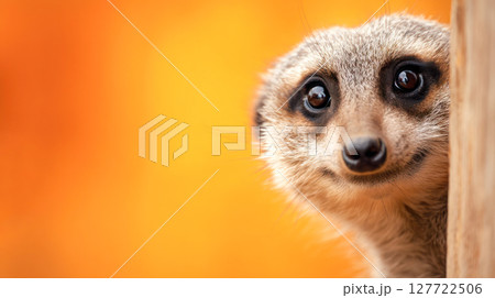 Curious meerkat peeking from behind a wooden post, with a vibrant orange background, showcasing playful animal behavior and natural habitat 127722506