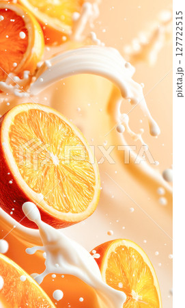 Fresh orange slices splashing in creamy milk, creating a vibrant and dynamic composition, showcasing the refreshing essence of citrus and dairy 127722515