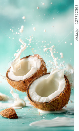 Fresh coconut halves splashing with milk against a vibrant turquoise background, showcasing a dynamic and refreshing tropical scene Fresh coconut halves splashing with milk against a vibrant turquoise background, showcasing a dynamic and refreshing tropical scene 127722568