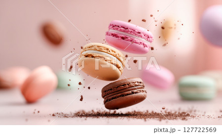 Colorful macarons are floating in mid-air, surrounded by a soft pastel background, creating a whimsical and delightful dessert scene Colorful macarons are floating in mid-air, surrounded by a soft pastel background, creating a whimsical and delightful dessert scene 127722569