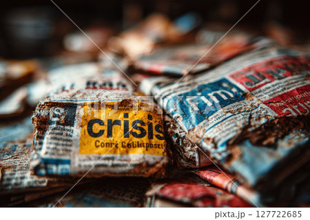 Crisis headline on wrinkled newspapers 127722685