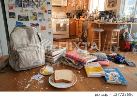 Morning chaos in messy kitchen during preparing for school 127722686